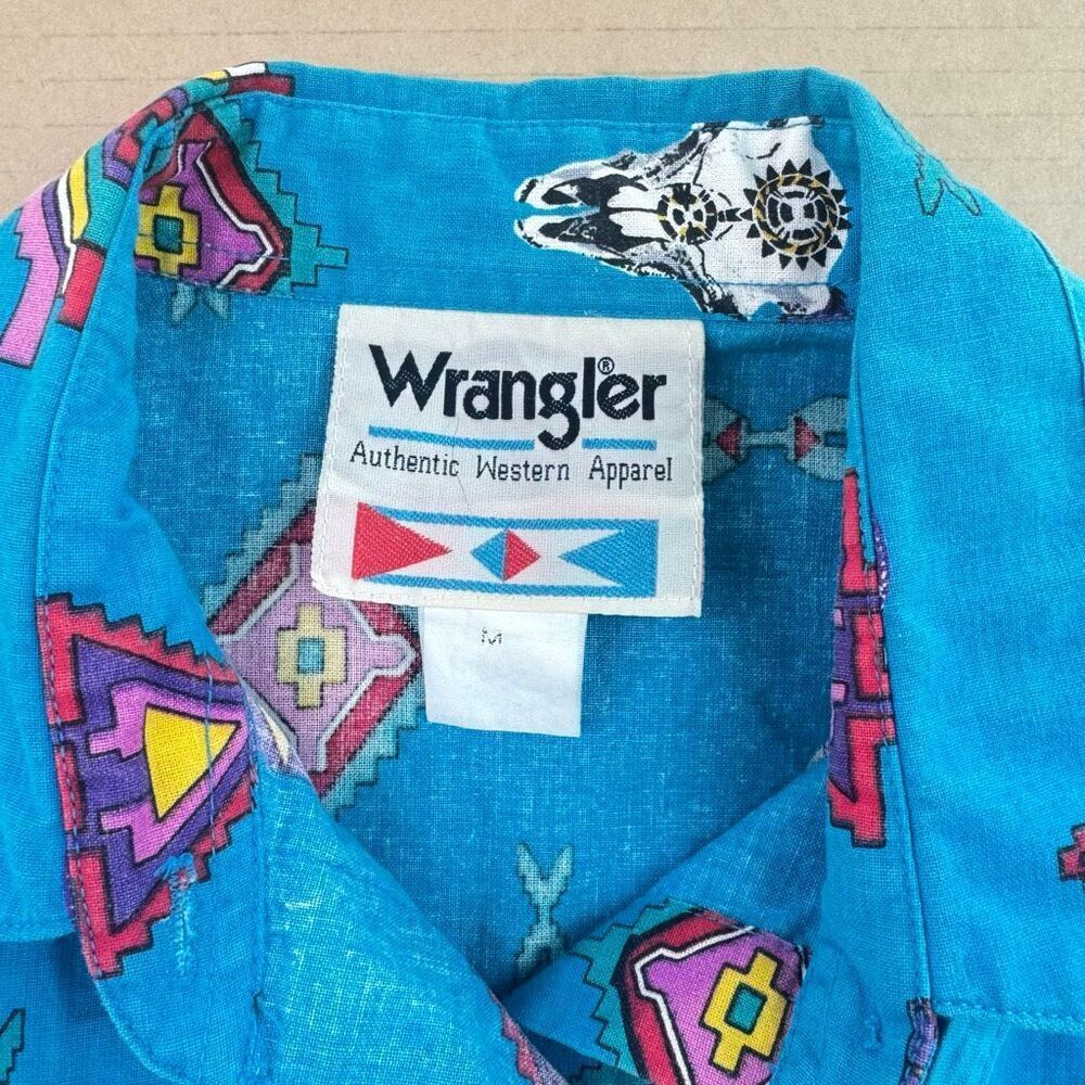 Vintage Wrangler Funky Bold Western Rodeo Aztec Print Shirt Size Medium Native - Picture 7 of 9